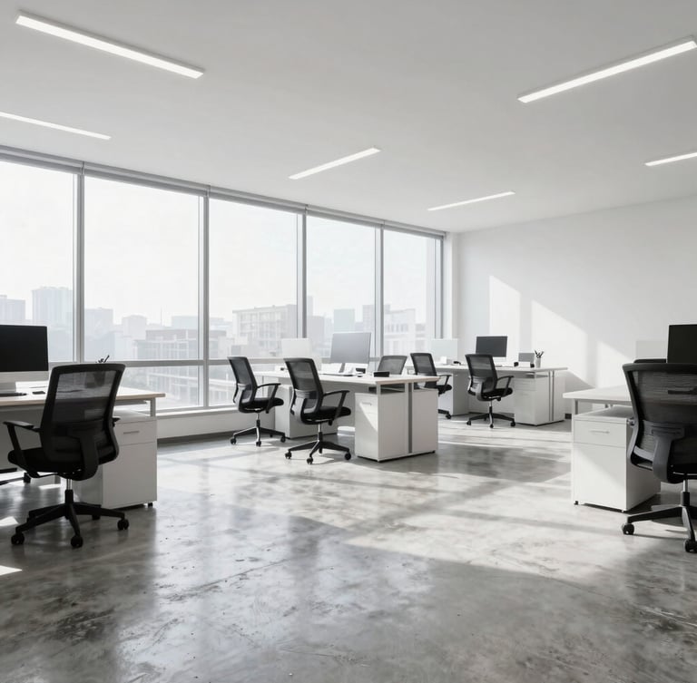 Wide-angle crisp commercial photography of a modern, immaculate office workspace with polished concrete floors and large windows under bright morning light.