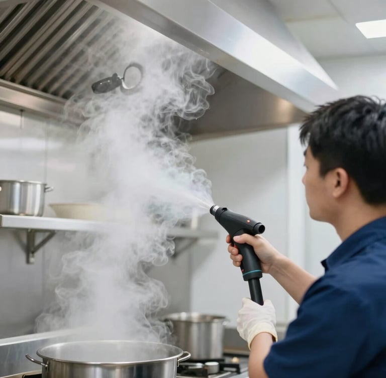 Professional technician in a clean uniform using high-pressure steam on a commercial kitchen exhaust hood, bright crisp lighting, sharp focus.