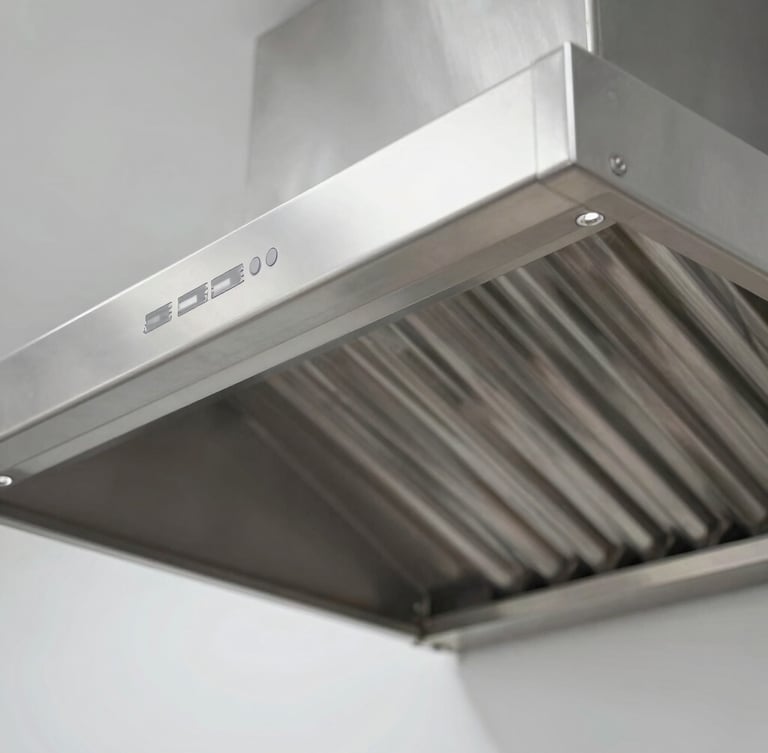 Close-up of a sparkling clean stainless steel commercial exhaust hood, bright crisp utility lighting, sharp focus on clean metal surfaces.