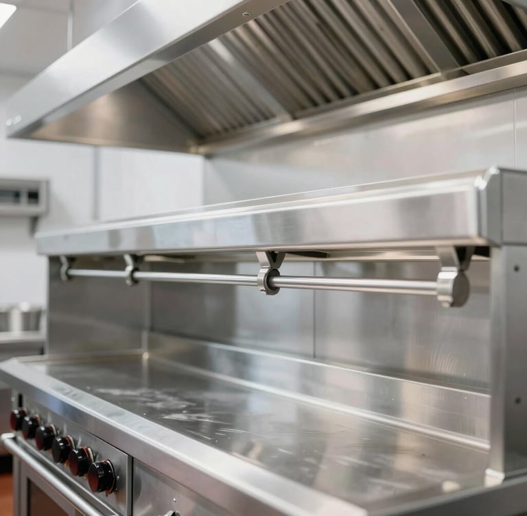 Close-up of a pristine, professional stainless steel commercial kitchen hot line, bright industrial lighting, sharp reflection on exhaust hood.