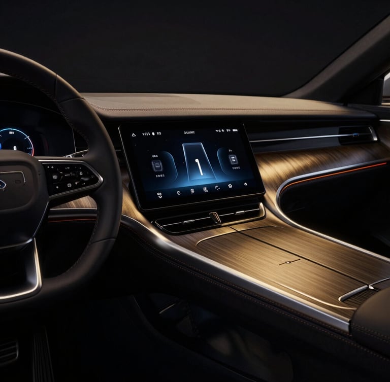 Sleek dark automotive interior with a glowing smart display integrated into the dashboard, sharp metallic gold reflections, low-key studio lighting