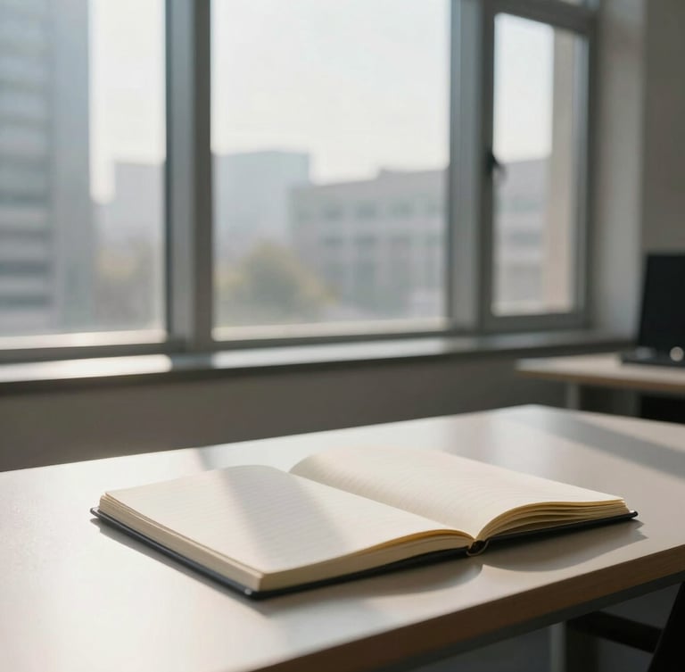 Soft morning light breaking through high architectural windows, casting long shadows across a clean, minimalist workspace with a single open notebook.