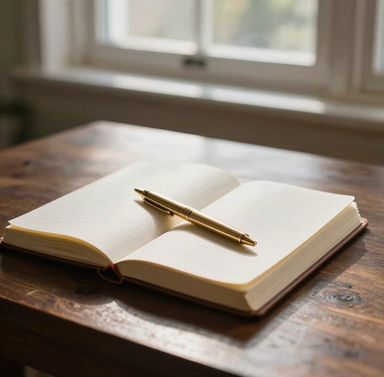 A quiet, sunlit study with an open leather-bound journal and a gold pen resting on a dark wooden table, soft morning light filtering through a window