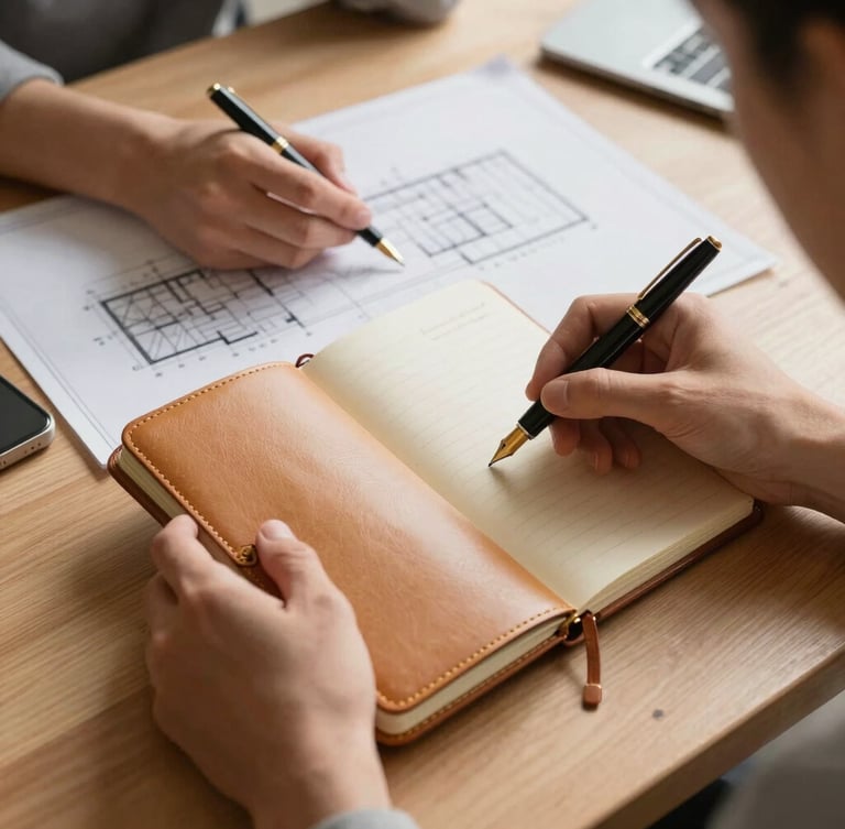 A close-up, high-angle shot of a collaborative work session: hands holding a gold-trimmed leather notebook, a fountain pen, and a blueprint on a light oak table, soft directional morning light.