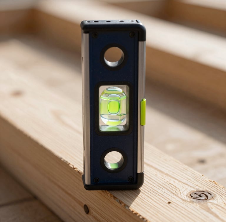 Straight-on macro shot of a spirit level resting on a freshly installed heavy timber beam, bubble perfectly centered, crisp morning light.