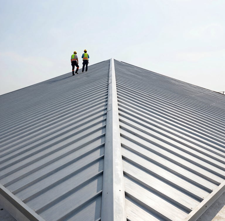 Low-angle architectural shot of a sharp standing-seam metal roof installation under bright, crisp daylight, safety-gear crew visible on the ridge