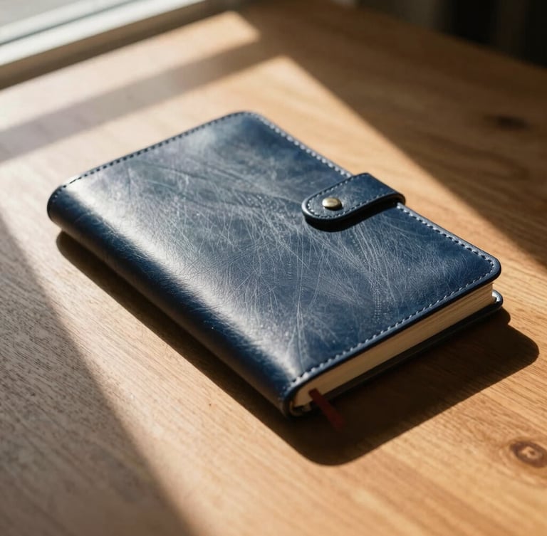 Close-up of a high-end leather notebook on a dark oak table, natural window light casting sharp geometric shadows, warm sand tones, 35mm