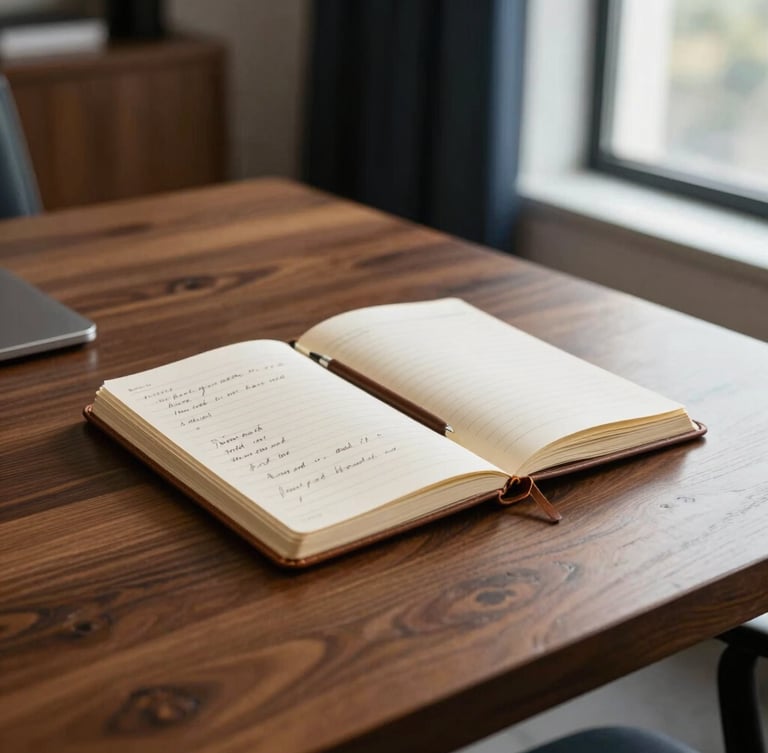 Warm editorial photography of a sober dark oak wooden table in a high-end corporate office, natural diffuse window light coming from the right, a clean leather notebook with hand-written financial annotations, sharp focus, 35mm, deep navy and warm sand tones