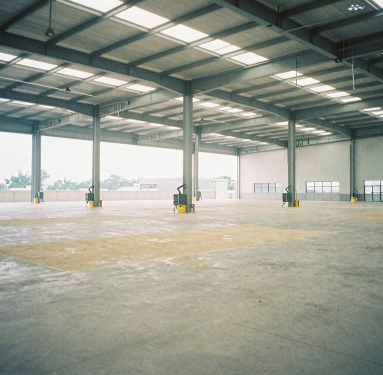 Wide-angle architectural film photography of a vast, empty, modern logistics warehouse with high ceilings and automated systems, soft natural overcast light, desaturated cool tones with warm sand accents, 35mm wide-angle, no people.
