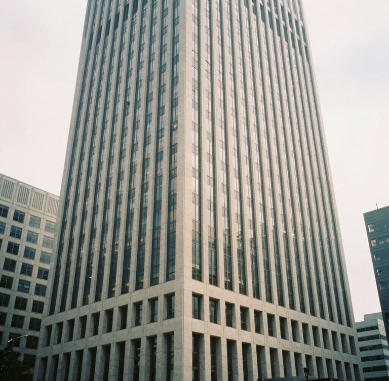Wide-angle architectural film photography of a modern, high-rise corporate building in a bustling city financial district, soft natural overcast light, desaturated cool tones with warm sand accents, 35mm wide-angle, no people.