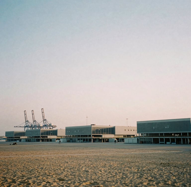 Wide-angle architectural film photography of a large, modern port facility at dawn, soft natural overcast light, desaturated cool tones with warm sand accents, 35mm wide-angle, no people.