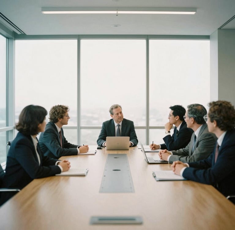 Candid shot of an executive board meeting in a modern, well-lit boardroom, architectural film photography, soft natural overcast light, desaturated cool tones with warm sand accents, 35mm wide-angle, focusing on engaged discussion and collaborative atmosphere.