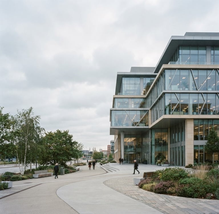 Wide-angle architectural film photography of a modern corporate headquarters building, clean symmetrical lines, soft natural overcast light, desaturated cool tones with warm sand accents, 35mm wide-angle, the building fills the right third of the frame, expansive sky.