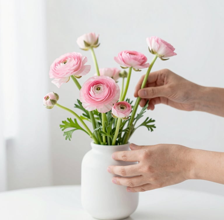 Bright editorial photography of a designer arranging delicate pink ranunculus and fresh green foliage in a minimalist white ceramic vase, soft natural daylight, shallow depth of field