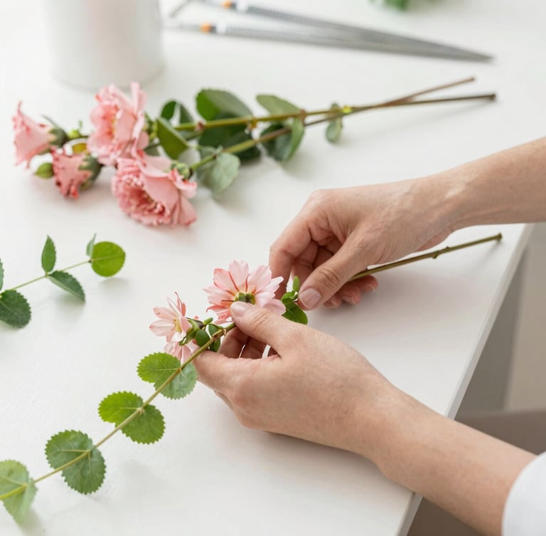 Bright editorial photography of a botanical designer arranging soft pink and fresh green stems on a clean white table, natural diffused daylight, 35mm lens.