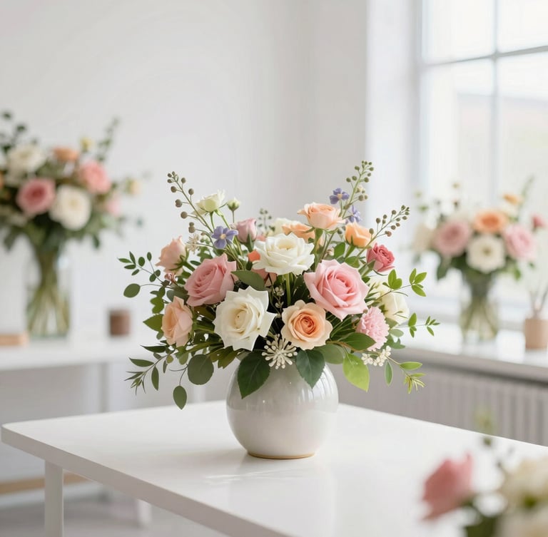 Bright editorial photography of a modern floral design studio, clean white background, soft natural daylight, shallow depth of field, 35mm lens.