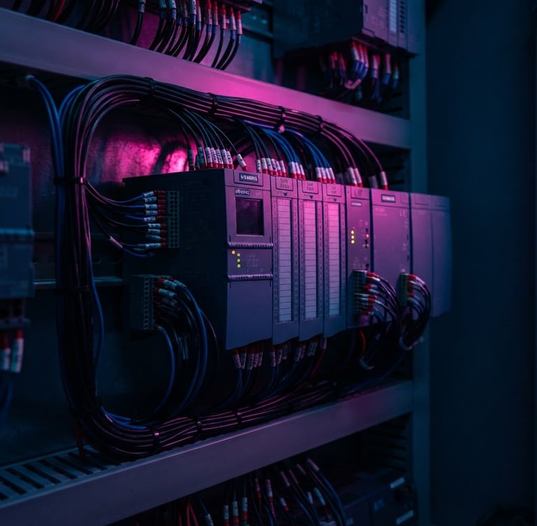 Close-up of a neatly wired Siemens S7-1500 PLC inside a clean electrical enclosure, sharp neon fuchsia rim lighting, deep midnight blue shadows, macro photography