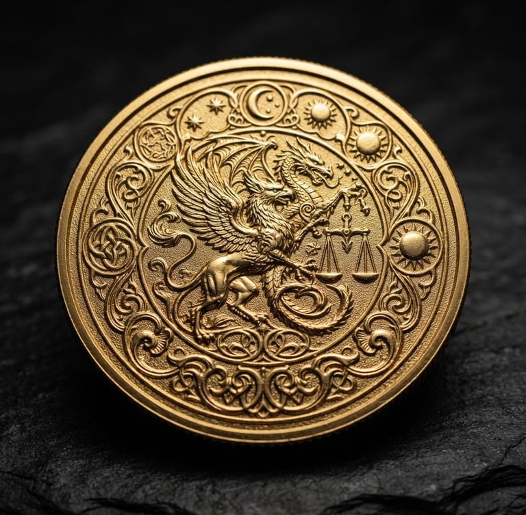 Dramatic macro shot of a freshly minted gold coin with intricate custom engraving, highlighting its luster and fine detail against a dark studio backdrop, side-lit.