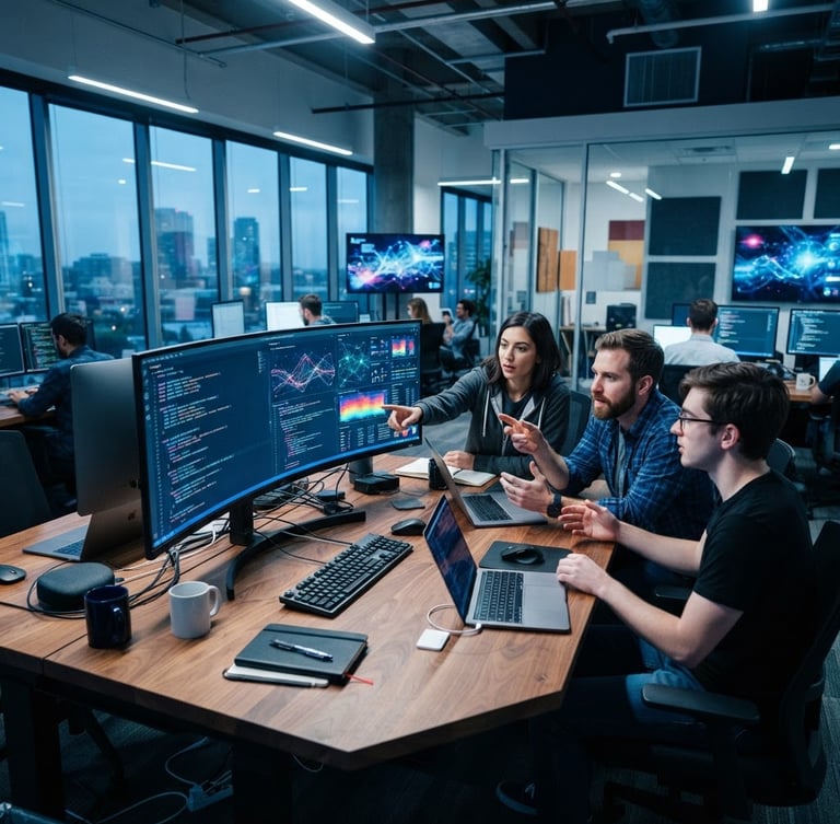 Modern, clean workspace with developers collaborating on code, cool-toned bright studio light, 35mm, wide shot, abstract data visualizations on screens.