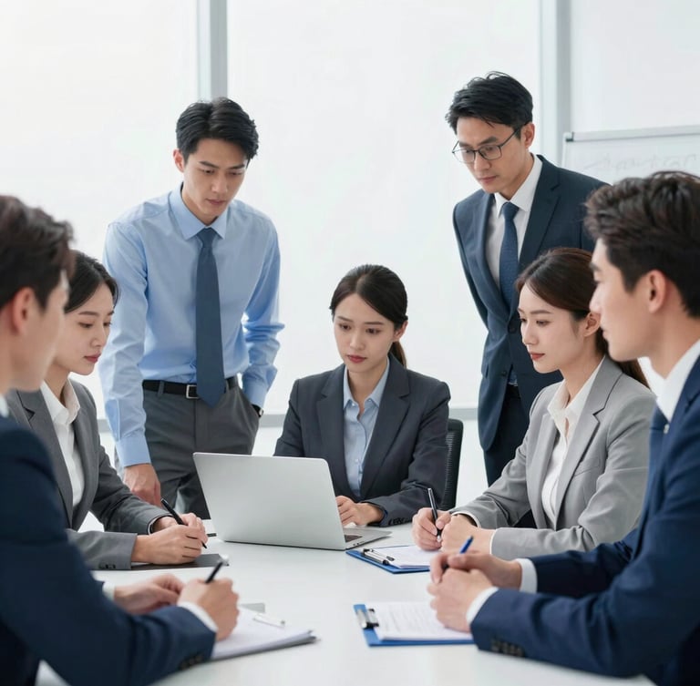 Professional collaborative meeting in a modern office, focused professionals, medium-close portraits, cool-toned bright studio light, 35mm.
