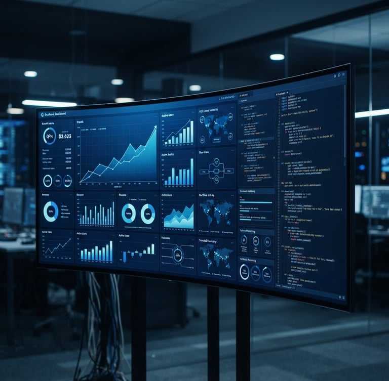 Wide panoramic view of a modern data dashboard displaying growth metrics and code snippets, cool studio lighting, deep blue and white tones, clean composition, 35mm