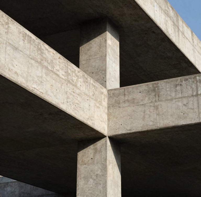 Macro shot of a modern industrial concrete structure with sharp geometric lines, harsh natural sunlight casting deep shadows, 35mm