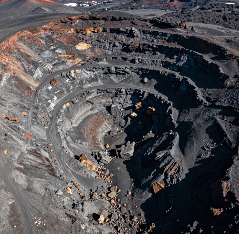 Aerial drone shot of a vast volcanic quarry landscape, deep basalt grays, harsh natural sunlight, sharp high-contrast details, 35mm
