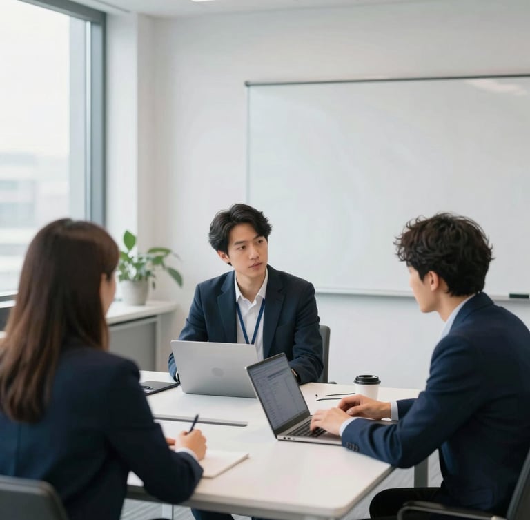 Bright modern corporate training room with natural daylight, professional adult students collaborating over digital dashboards, clean slate and navy tones, shallow depth of field, 35mm