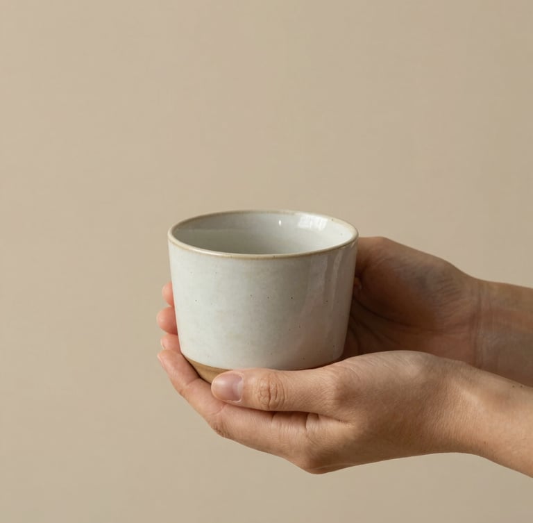 Hands holding a simple textured ceramic cup in soft morning light, warm sand background, minimalist composition, shallow depth of field, 35mm