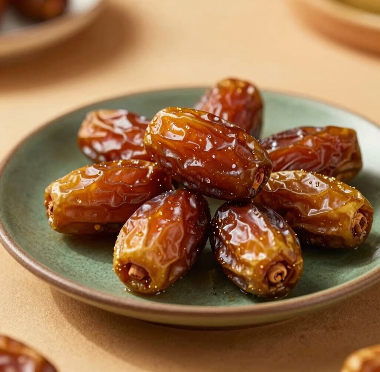 Macro shot of plump, glistening Medjool dates on a textured ceramic plate, warm golden-hour sunlight, high-contrast shadows