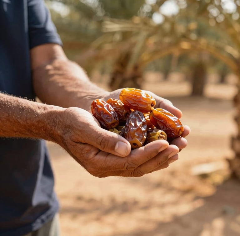 Close-up of a farmer's hands gently holding a cluster of fresh, amber-colored dates in a sun-drenched palm grove, warm lighting