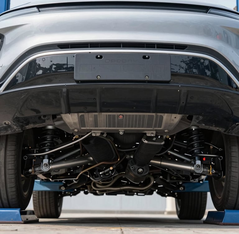 Close-up of a clean car chassis undercarriage on a hydraulic lift, professional lighting, focus on suspension components, neutral cool tones.