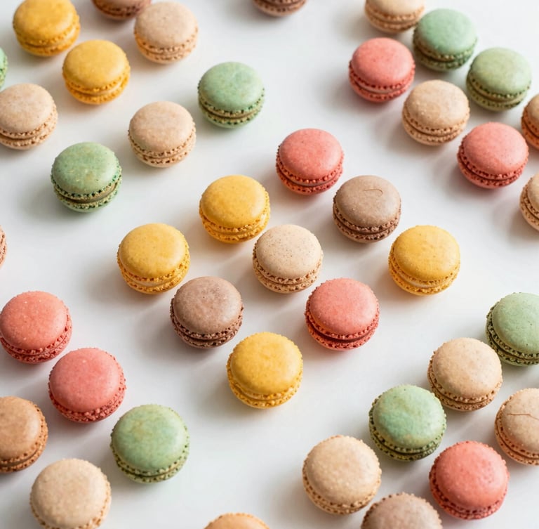 Bright editorial food photography, overhead flat-lay of a meticulously arranged sweet table with colorful macarons and clean corporate branding elements, crisp natural daylight, vibrant saturated colors.