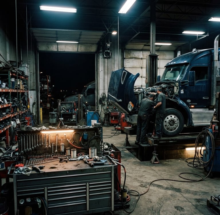 High-contrast industrial shot of a heavy-duty commercial vehicle service bay at night, illuminated by cool industrial task lighting, a large truck being serviced in the right third, organized tools and parts visible in the foreground, desaturated metallic tones, sharp focus, 35mm.