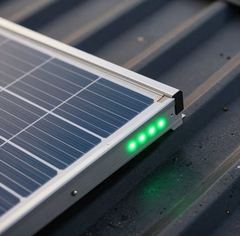 Extreme close-up of a brushed aluminum solar panel bevel flush-mounted against dark standing-seam metal roofing, sharp status-green LED glowing softly