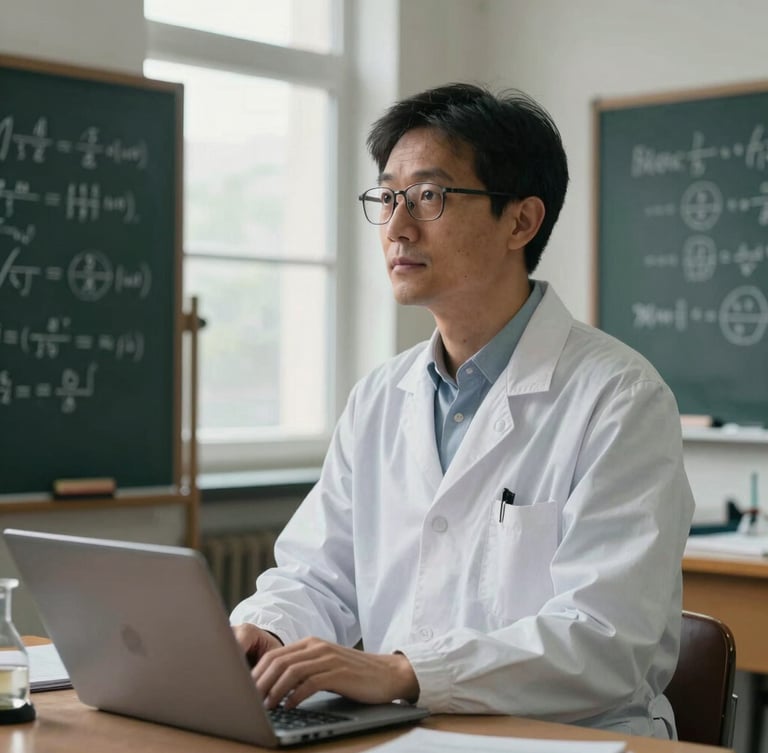 Medium-wide environmental portrait of a physicist in a scholarly study, soft window light illuminating chalkboards with equations, thoughtful expression.