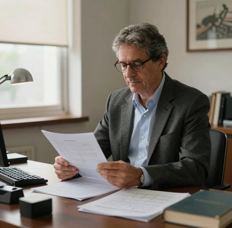 Retrato em plano médio de Ricardo Flor em seu escritório de trabalho, cercado por livros de física e anotações matemáticas, iluminação natural suave vinda de uma janela lateral.