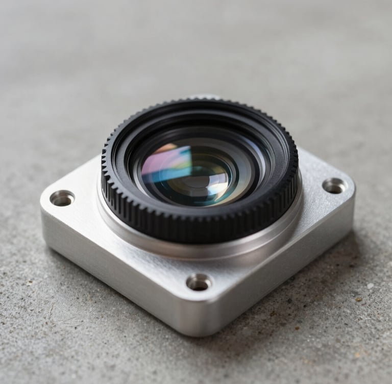 Macro photography of an anodized aluminum sensor housing with optical-grade glass lens, cool studio lighting on concrete surface, high contrast