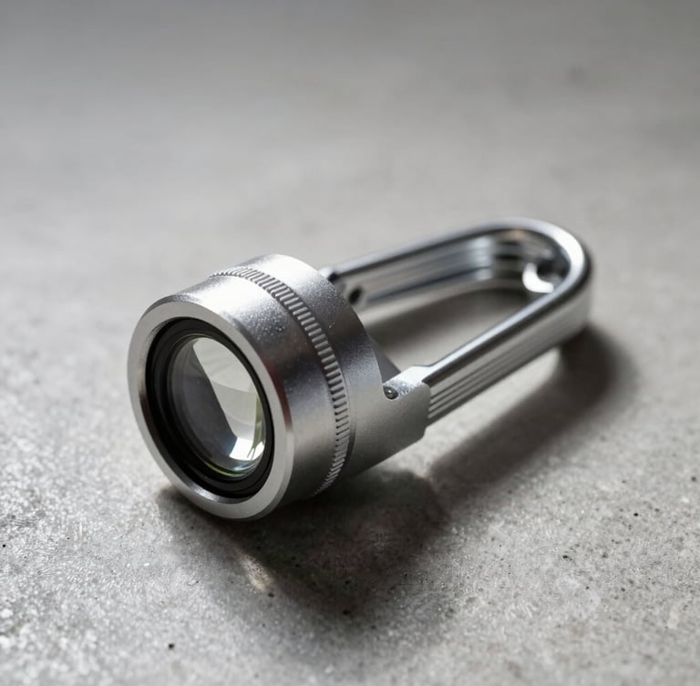 Macro studio shot of an anodized aluminum safety device with optical-grade glass lens, resting on a clean concrete surface, cool directional lighting with sharp shadows