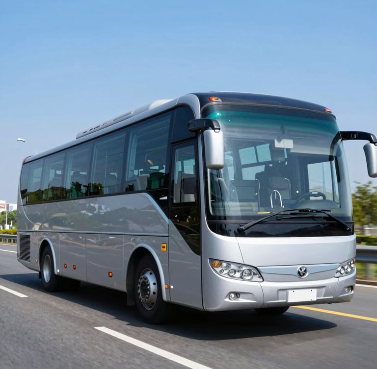 Dynamic low-angle tracking shot of a modern clean executive bus on a highway during bright daylight, pristine silver and navy paint, 35mm photography