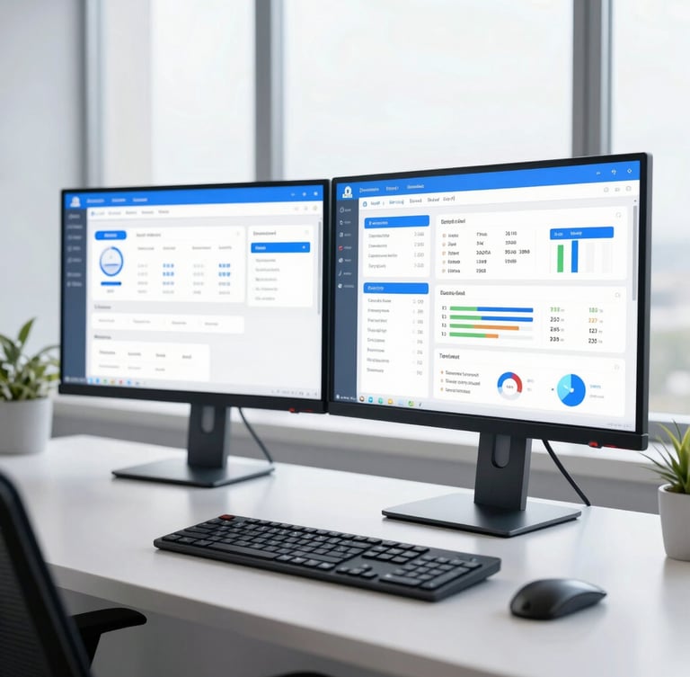 A clean modern home office setup with dual monitors showing operational dashboards, bright natural window light, cool blue accents, professional depth of field