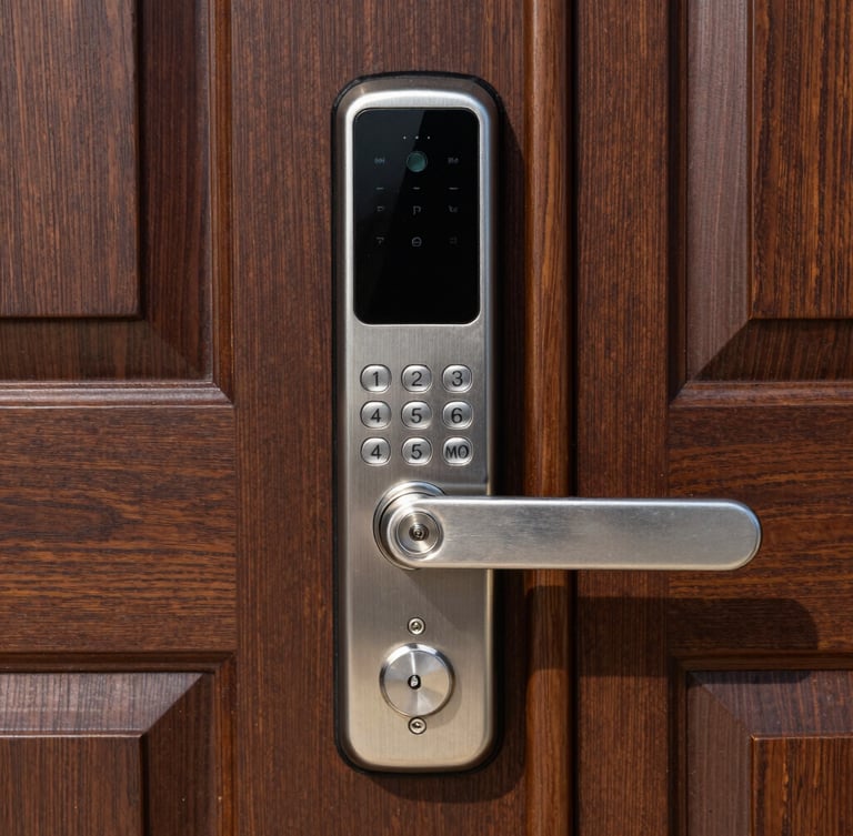 Close-up of a modern electronic smart lock keypad installed on a clean, premium dark oak door, bright Southern California daylight reflecting off the metal surface, sharp focus