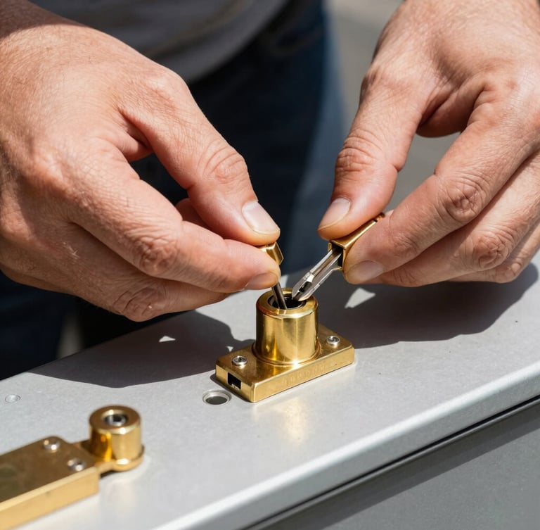 Macro shot of a locksmith's hands rekeying a solid brass lock cylinder on a mobile workbench inside a service van, sharp focus on mechanical details, bright daylight, 35mm
