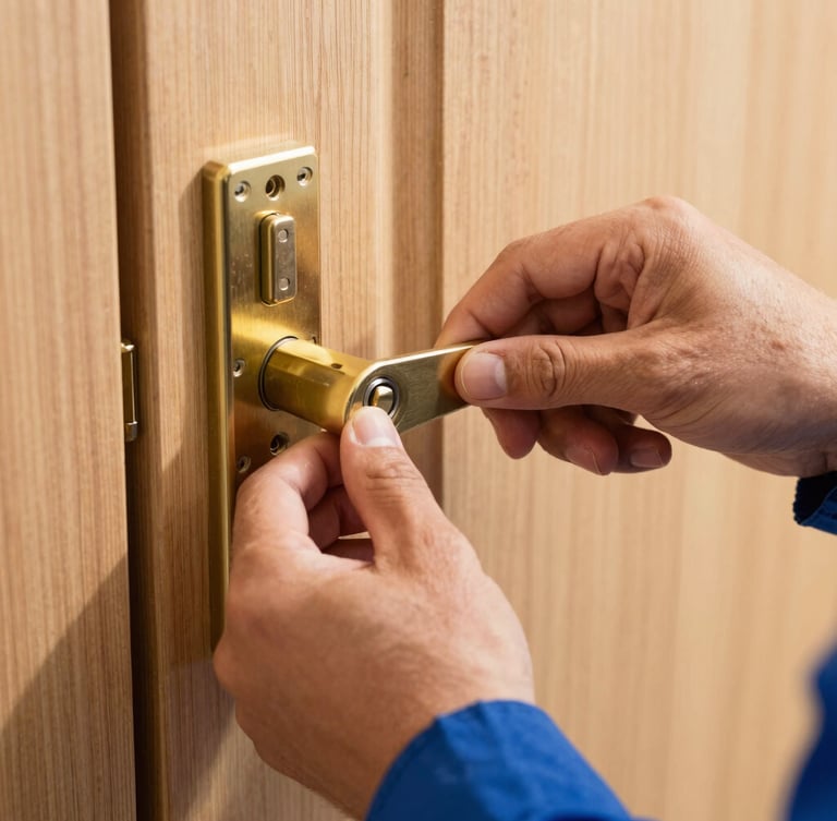 Macro close-up of a professional locksmith's hands in uniform installing a high-quality solid brass lock cylinder into a modern wooden door, bright natural daylight, 35mm