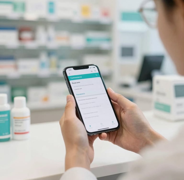 A customer's hands holding a smartphone showing a clear prescription document, with a clean, modern pharmacy counter in the soft-focus background, warm daylight