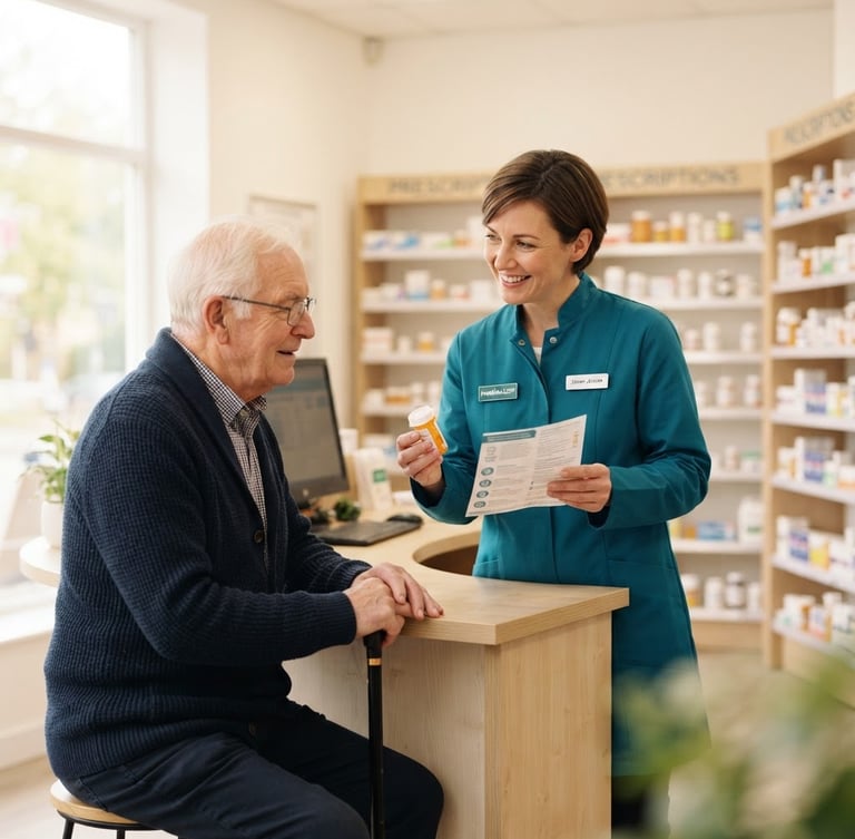 A bright clean photograph of a helpful pharmacist in a teal coat discussing medicine with an elderly patient in a warm white pharmacy interior, soft natural daylight, 35mm lens