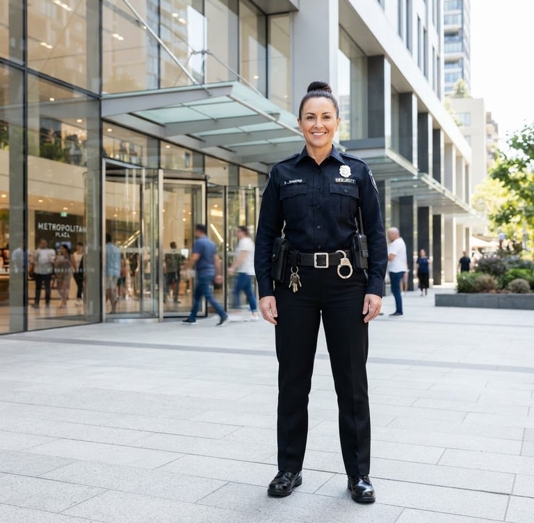 Confident security officer in a crisp uniform standing in front of a modern business mall entrance, bright natural daylight, clean architectural lines, professional environmental portrait.