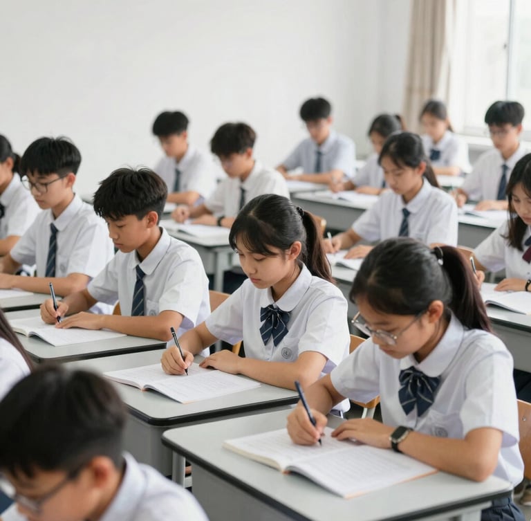 Wide environmental portrait of a diverse group of students actively engaged in hands-on practical training in a well-lit classroom, wearing clean uniforms, focused on a task, natural daylight, crisp colors, 35mm.