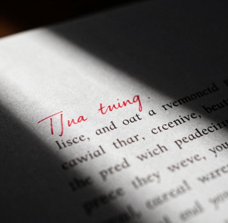 Extreme close-up of a hand-written speech draft with heavy red-ink edits, dramatic chiaroscuro lighting, deep charcoal shadows, 35mm film grain