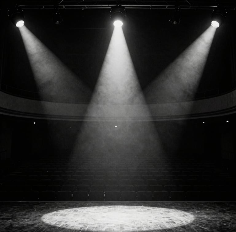 Low-angle dramatic silhouette of an empty auditorium stage, intense spotlight beaming down from the rafters, deep charcoal shadows, sharp focus, 35mm film grain.